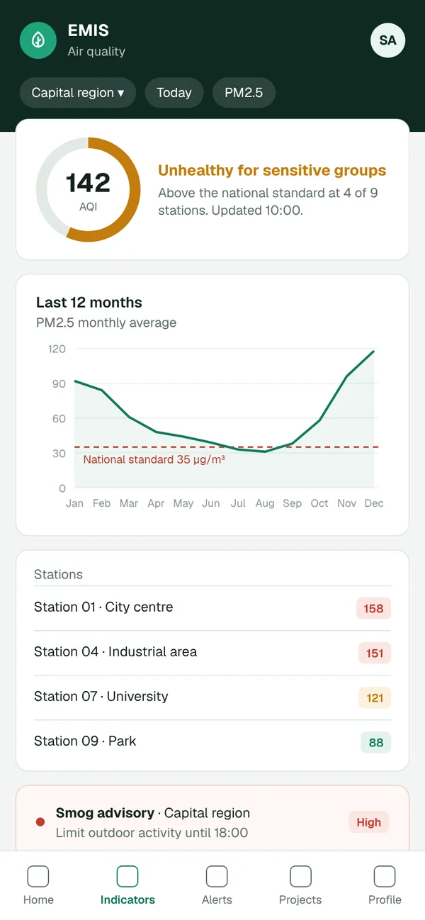 EMIS mobile app showing air quality for a region