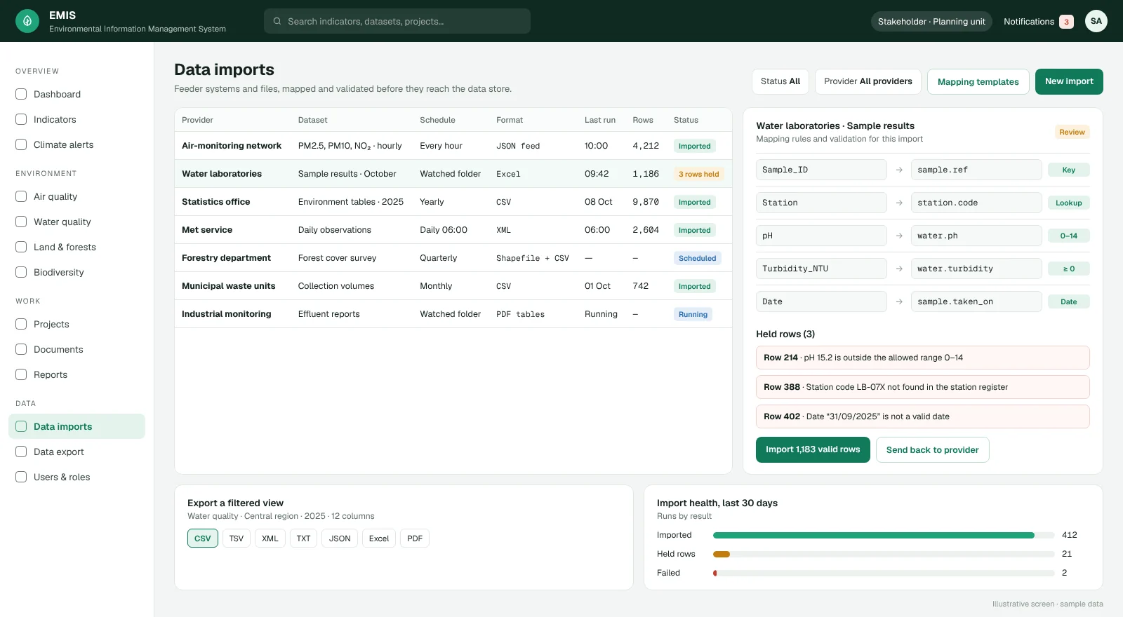 EMIS data imports with mapping rules and held rows