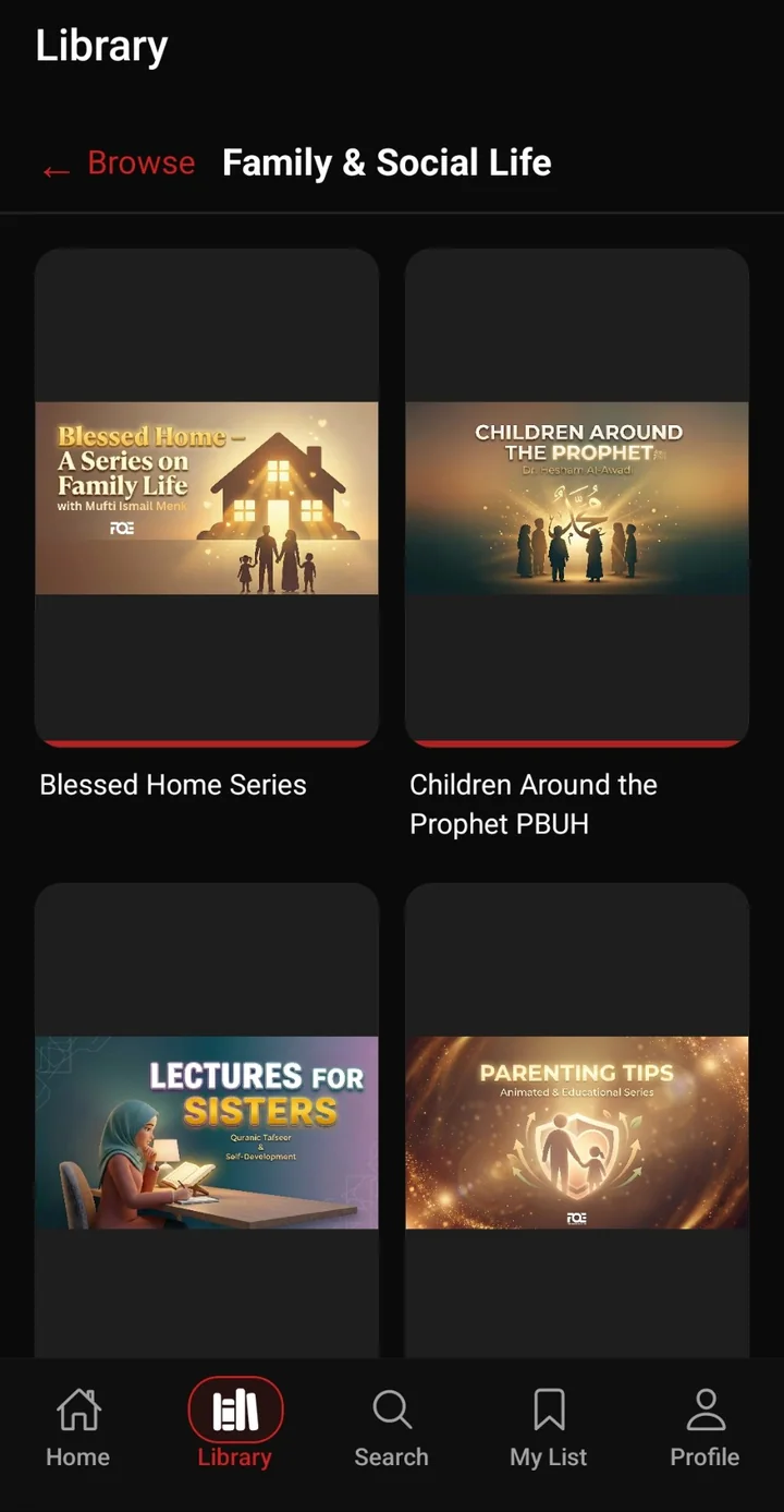 FQEFlix Android app Library screen, Family & Social Life series